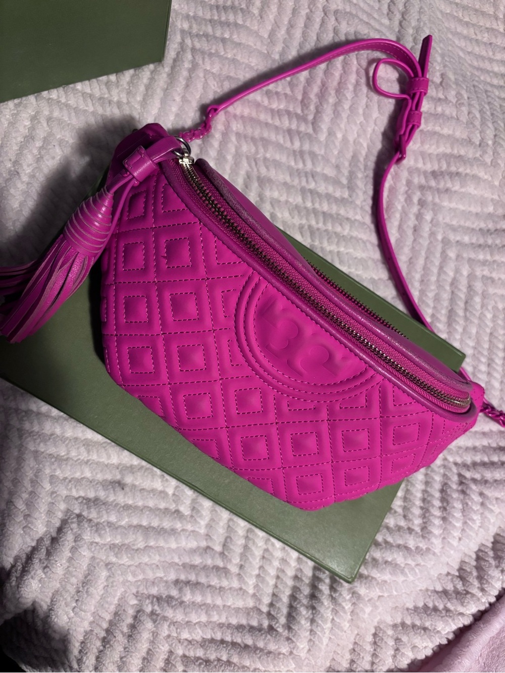 Tory Burch Hot Pink Quilted Crossbody Belt Bag with Tassel